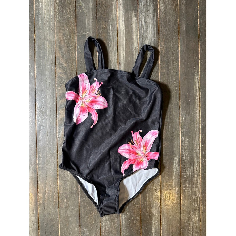 Girls Black Pink Lily Floral Print One Piece Swimsuit Wide Strap Swimwear